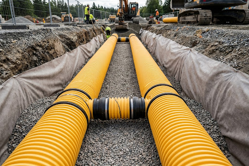 Rumene drenažne cevi v izkopanem jarku, obložene z geotekstilom